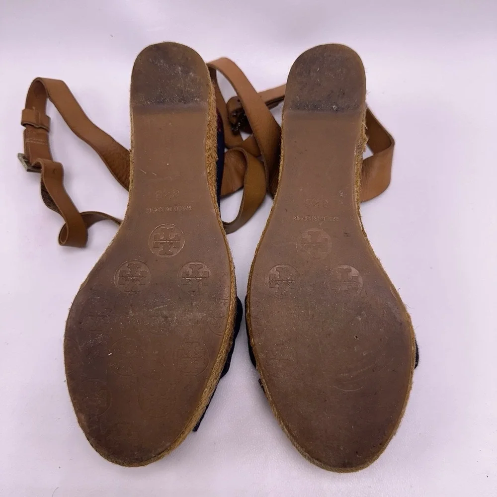 Tory Burch Blue Canvas Karissa Espadrille Wedges Size 8.5 B Shoes Leather Straps